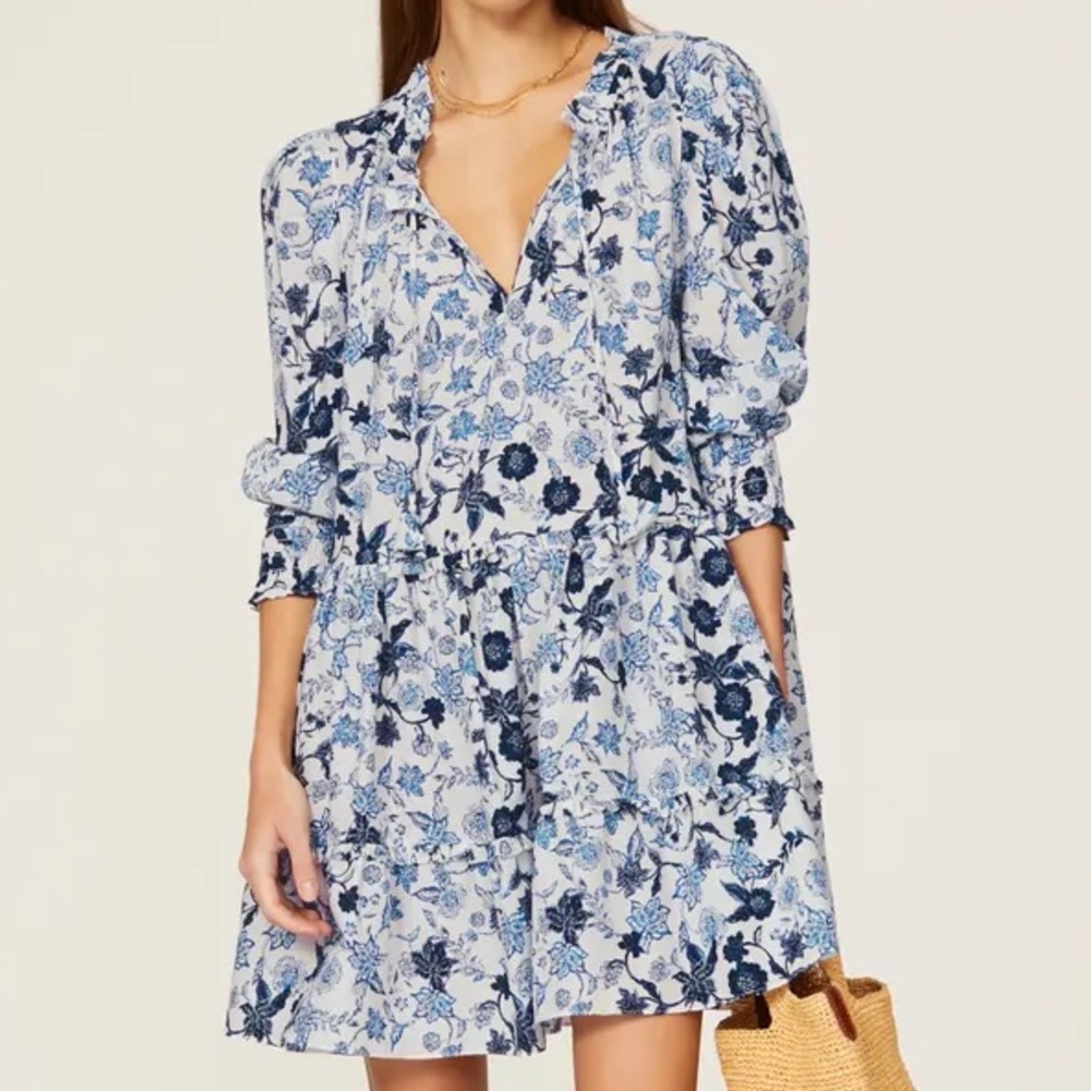 Misa Los Angeles Dress White Blue Floral Print Ruffle Tiered Women Maya Swing XS